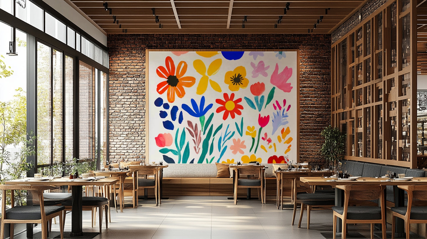 Large-scale flower mural in abstract art style

