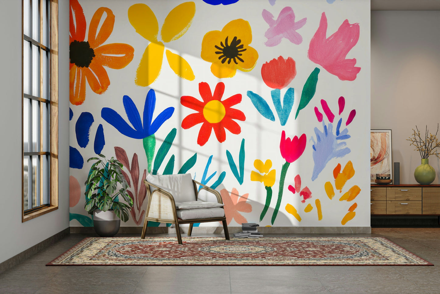 Modern interior with bright abstract floral mural


