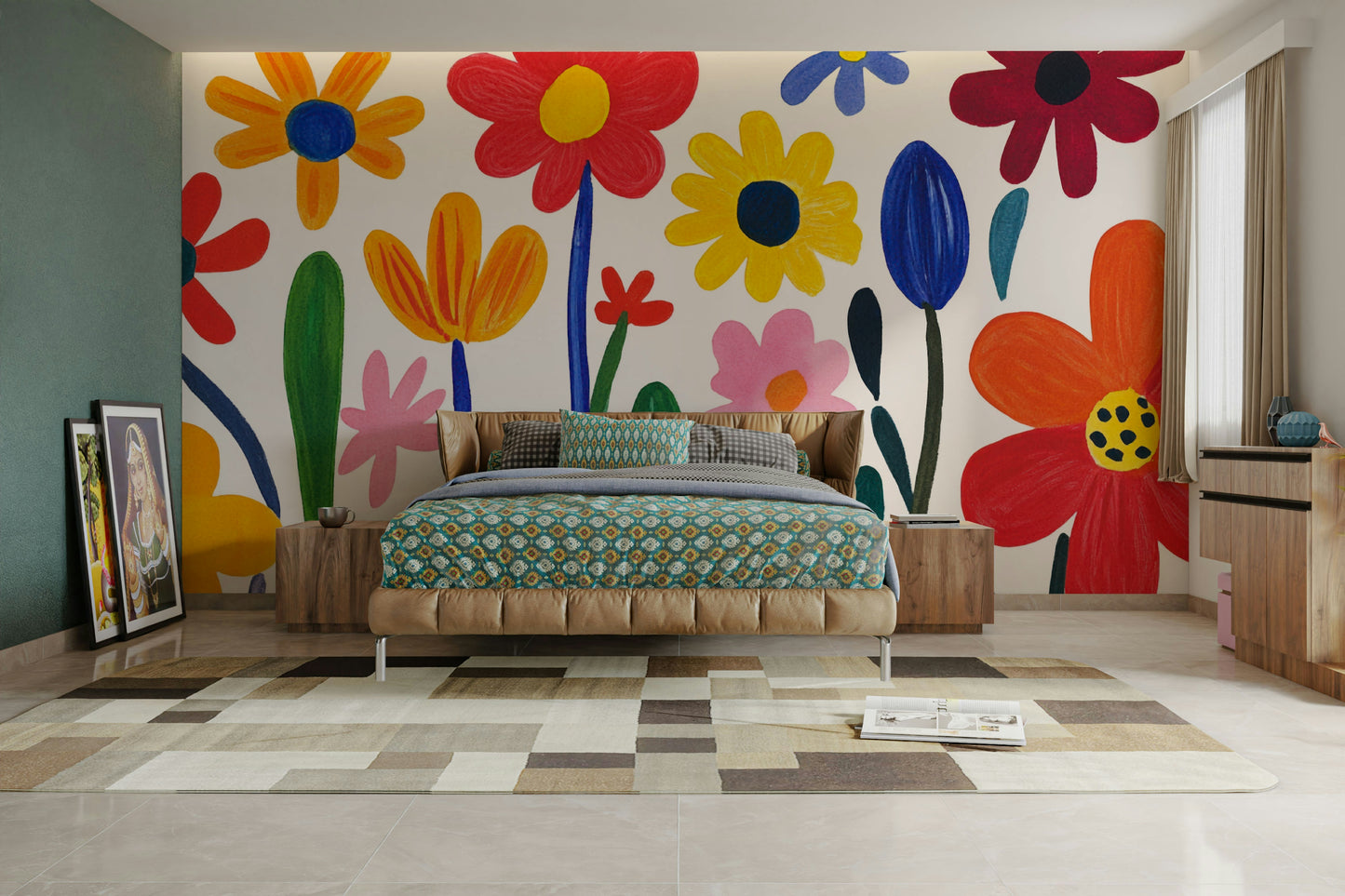 Fun, artistic flower garden mural in collage look

