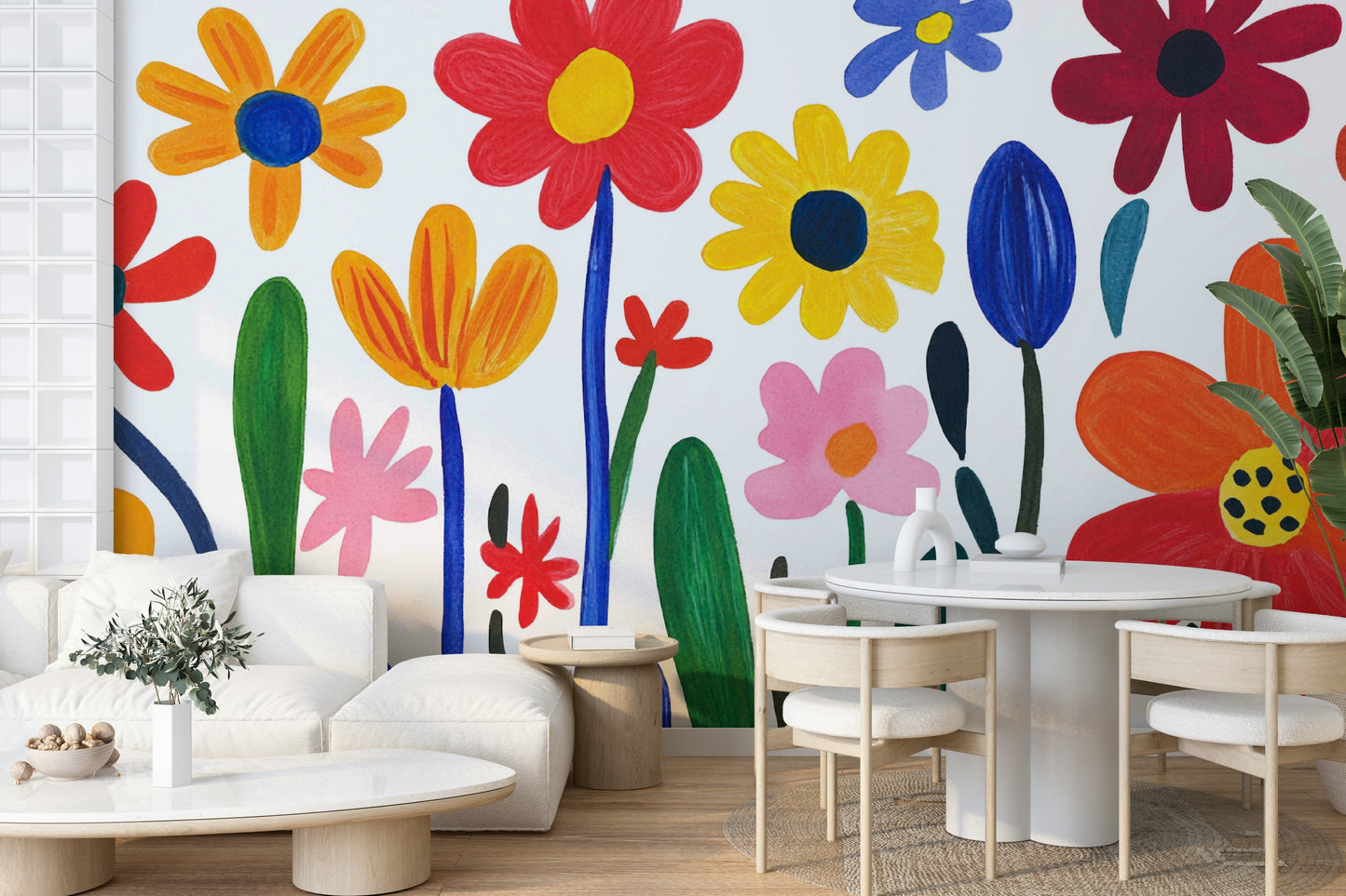 Child’s room with bright abstract garden mural

