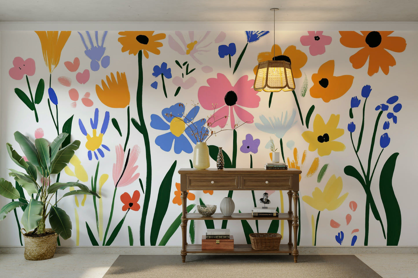 Modern wall art with playful botanical shapes

