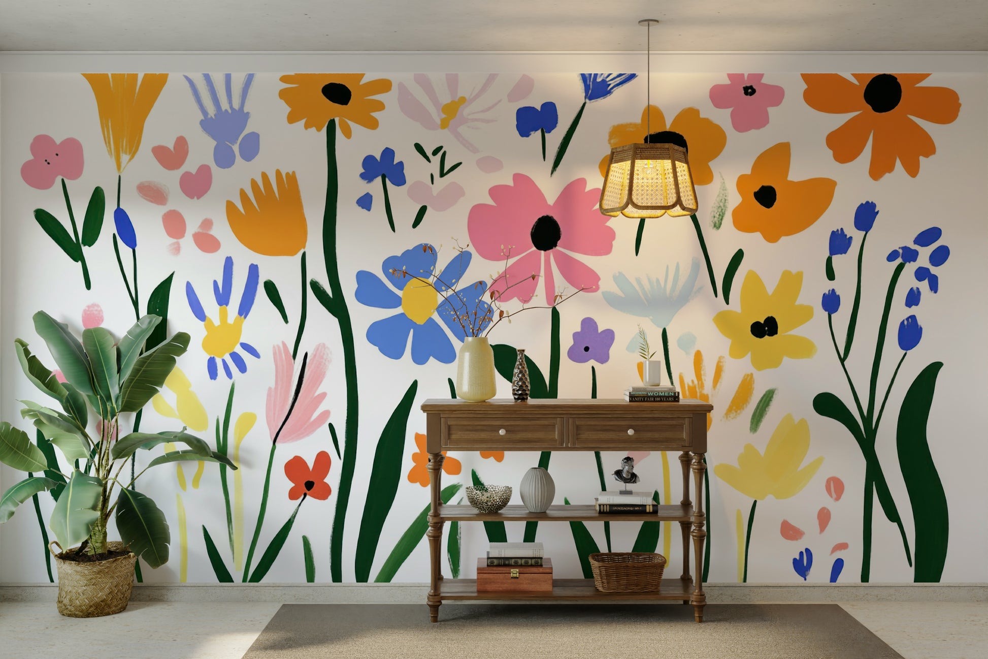 Modern wall art with playful botanical shapes

