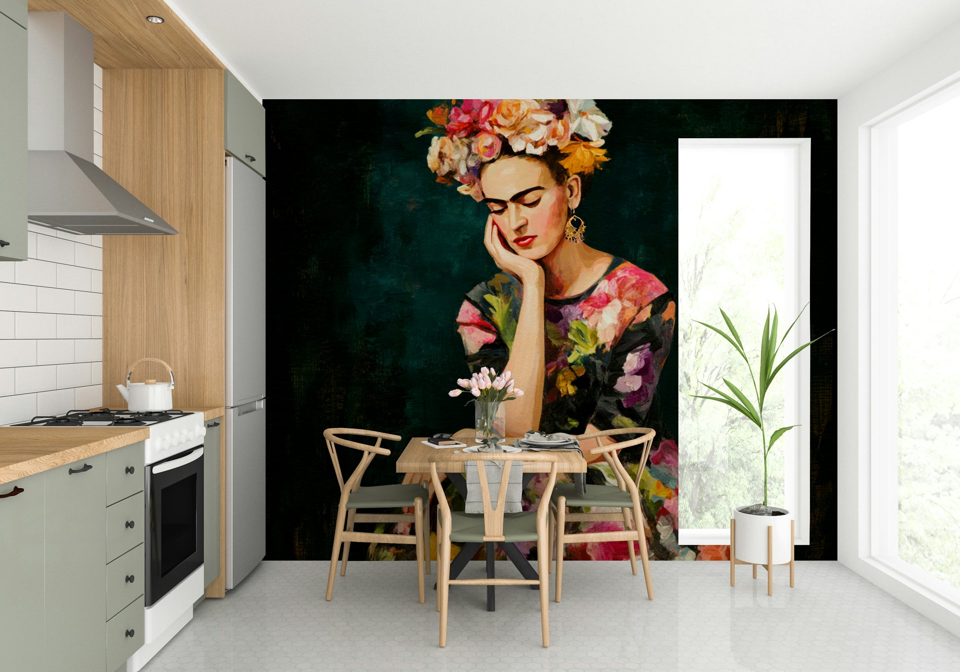 Expressive wall mural of woman with vivid flower crown

