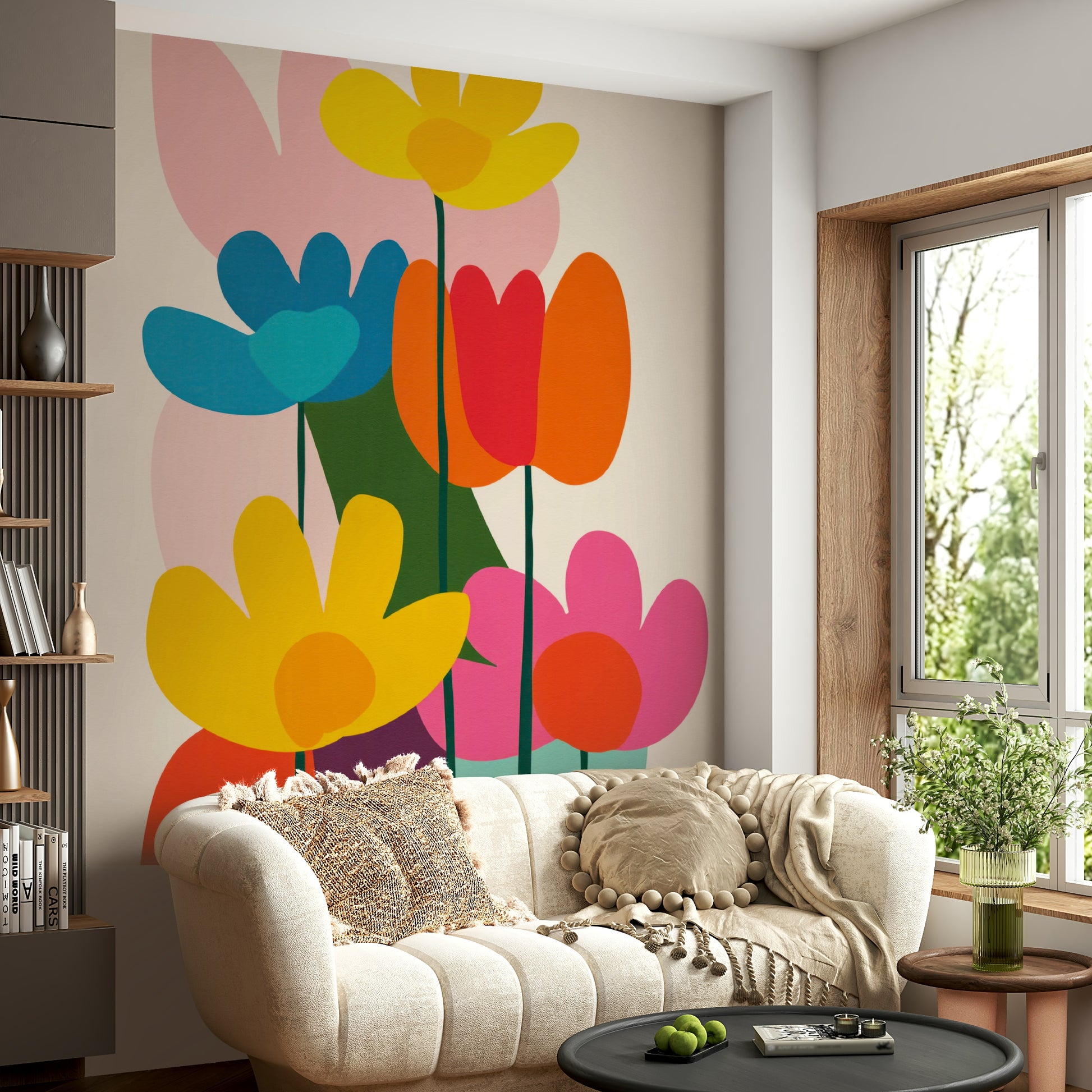 Colorful mid-century mural with geometric flowers

