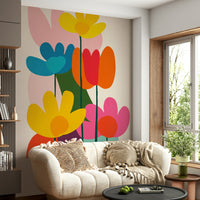 Colorful mid-century mural with geometric flowers

