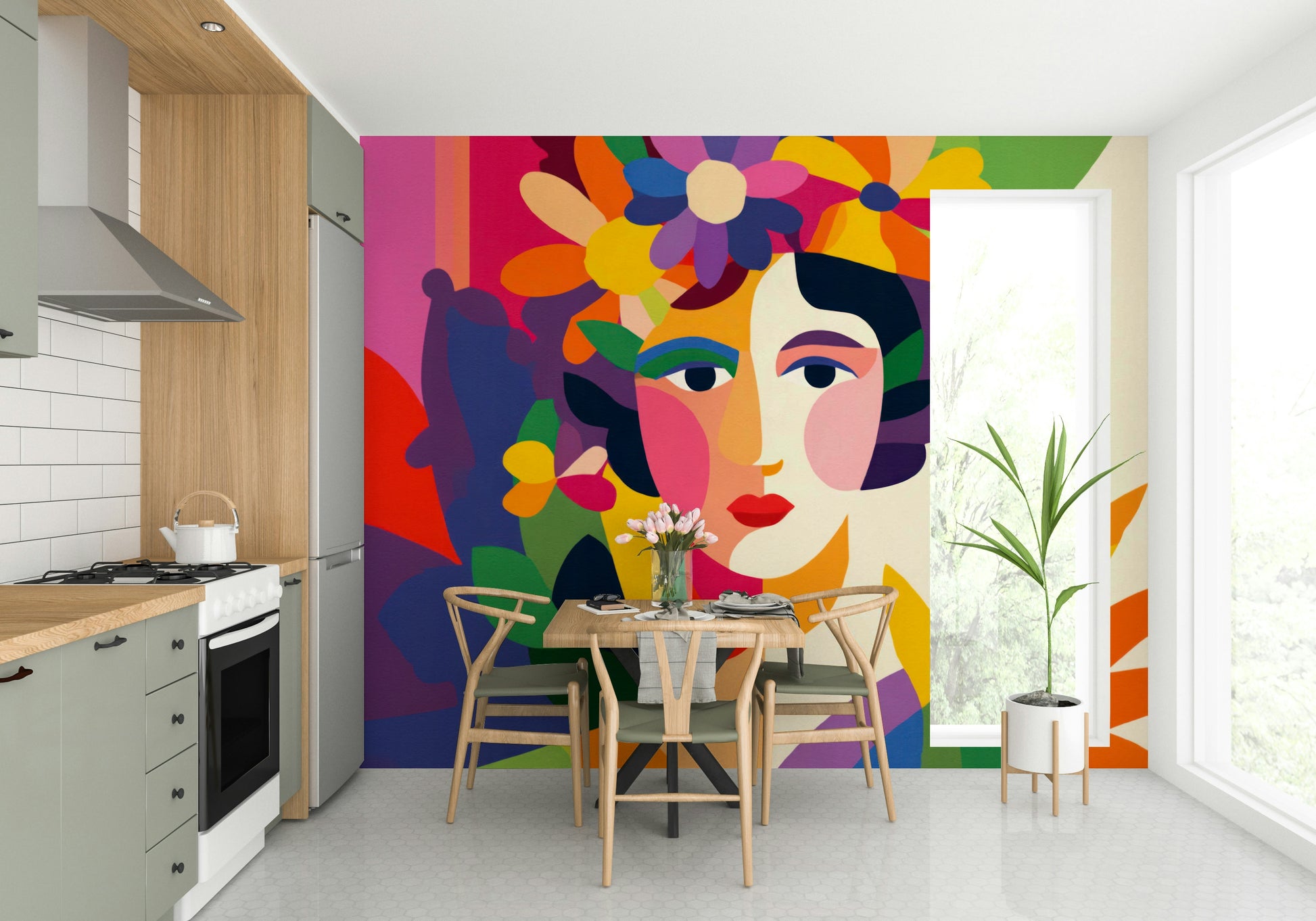 Contemporary wall design blending flowers and faces

