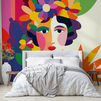 Modern woman mural with artistic floral overlays

