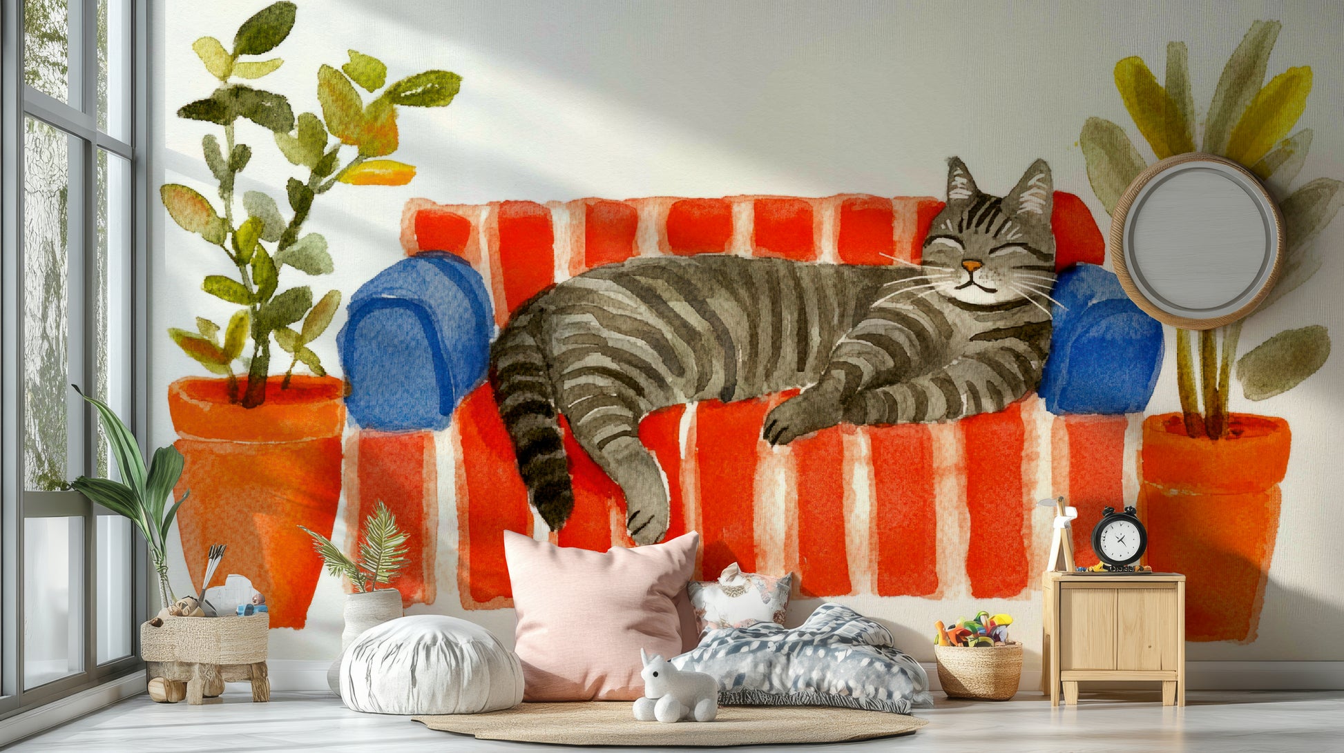 Cozy cat mural featuring a painted couch design

