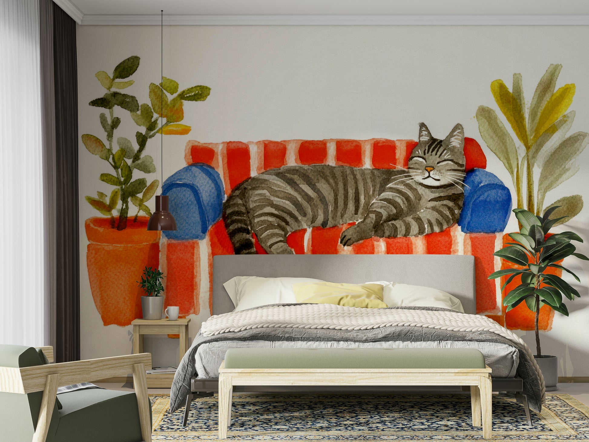 Soft artistic mural of cat lounging on pastel couch

