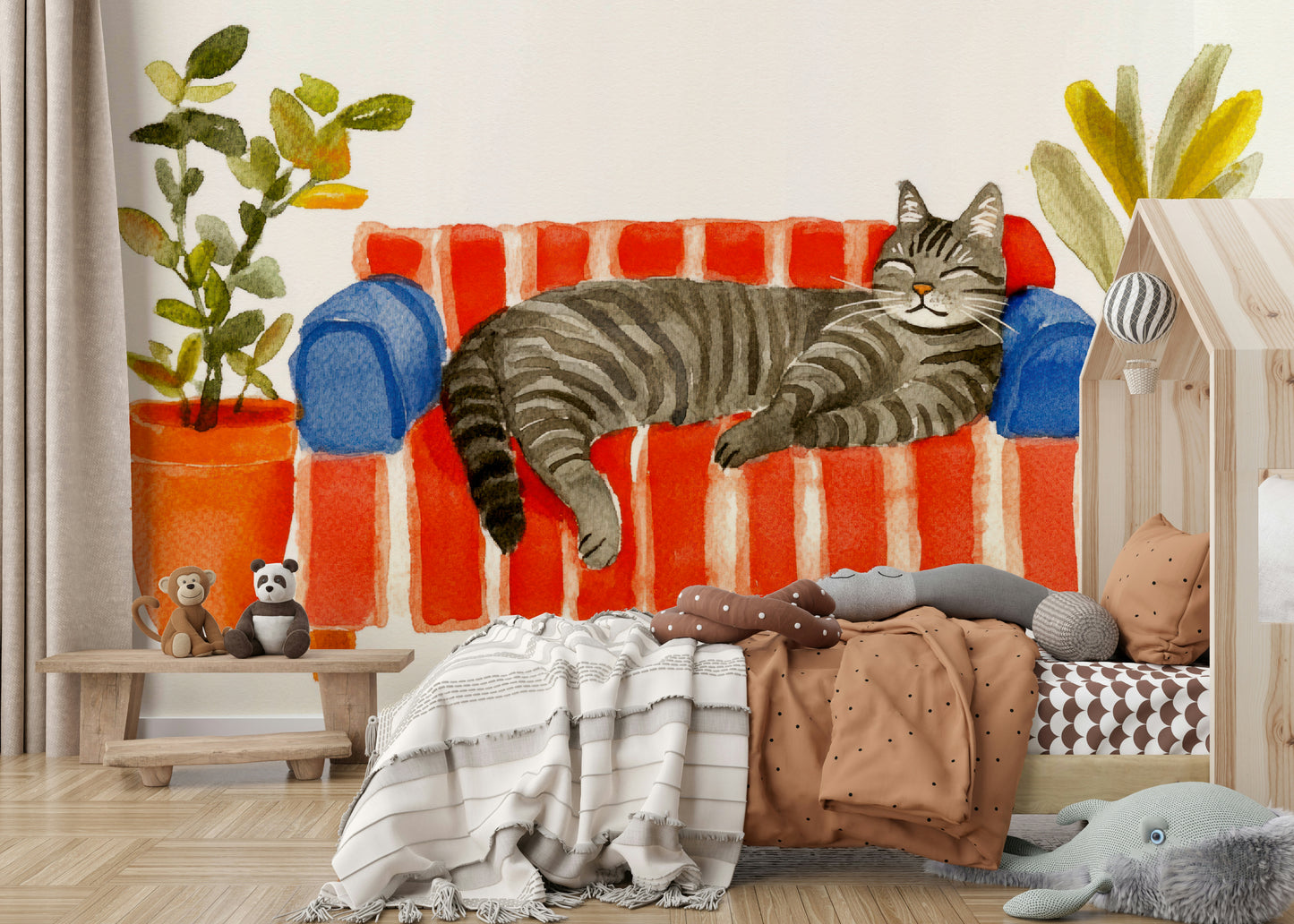 Watercolor-style mural of sleeping cat on furniture

