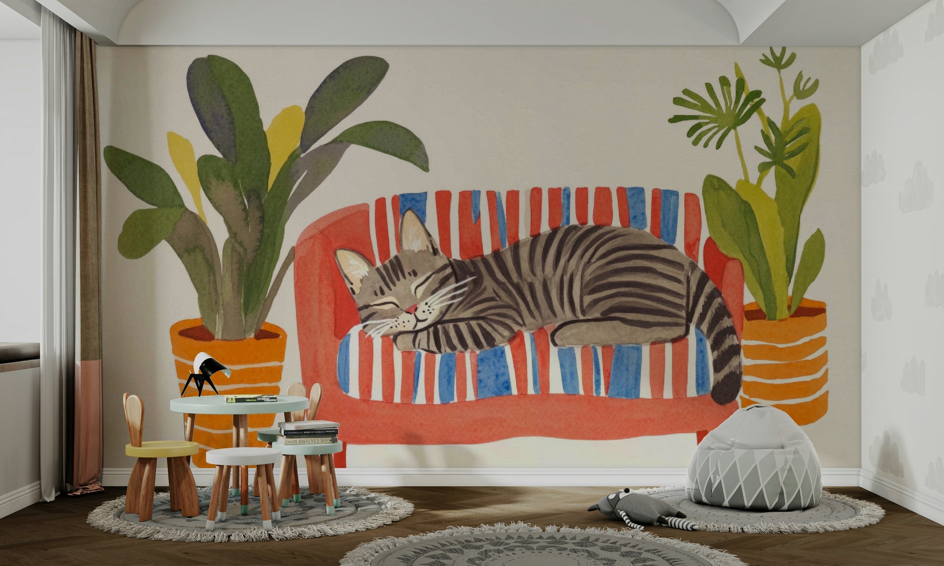 Artistic watercolor cat mural for calm interiors

