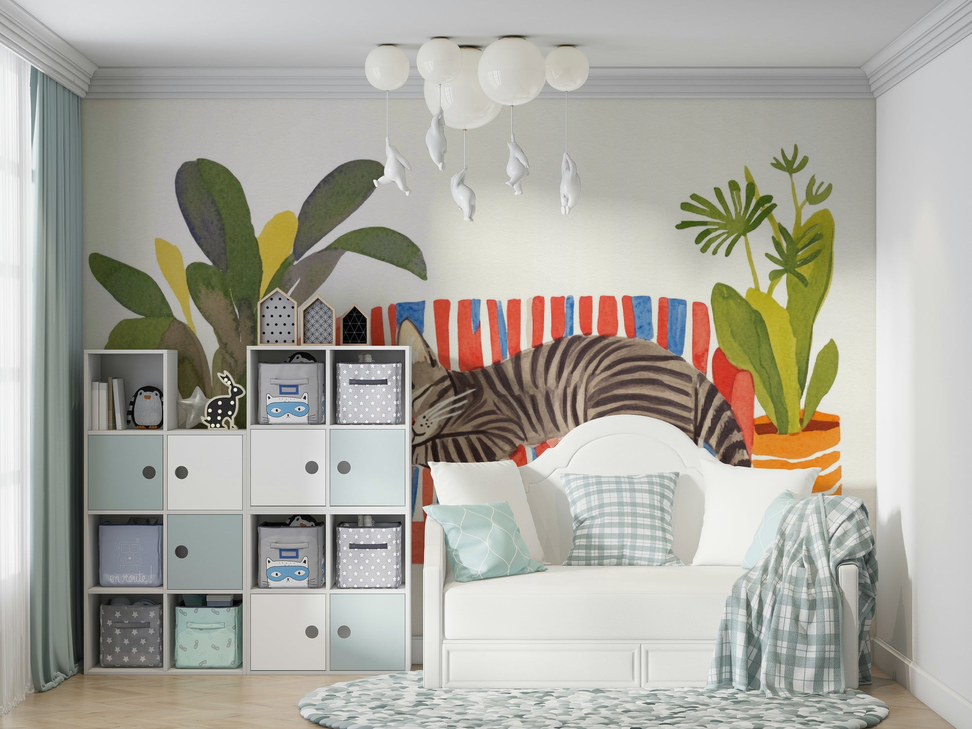 Soft watercolor mural featuring relaxed feline

