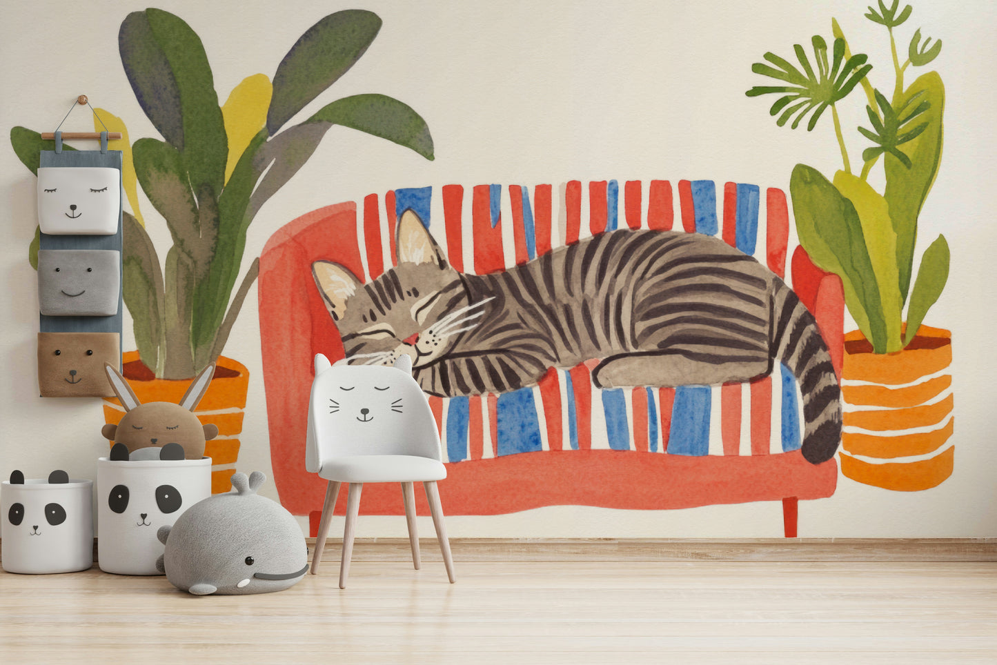 Watercolor-inspired mural of cat resting in comfort

