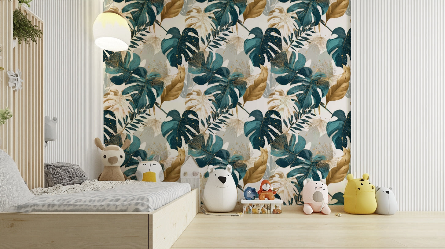 Contemporary jungle wallpaper in deep green tones

