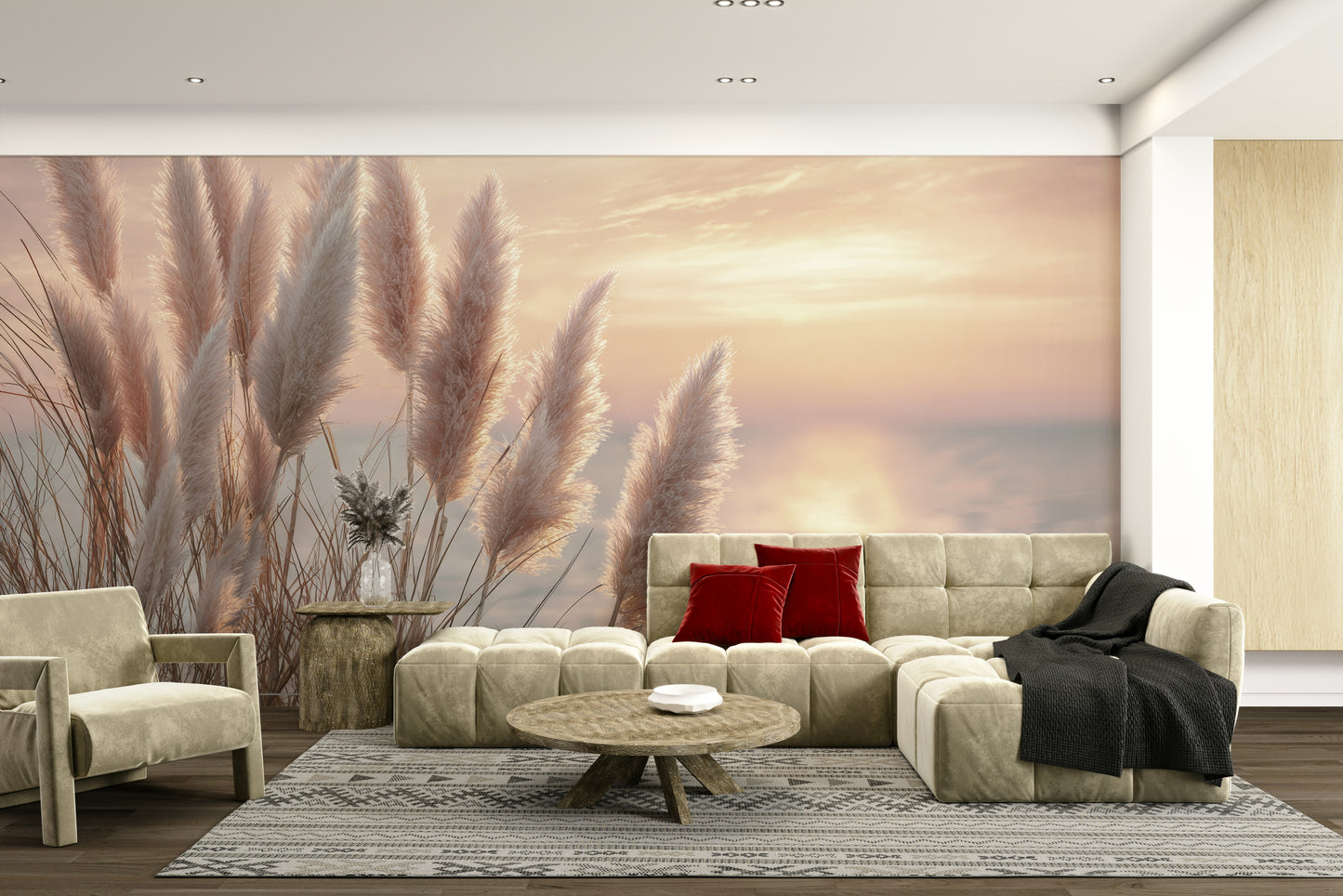 Blurred horizon mural with painterly beach style

