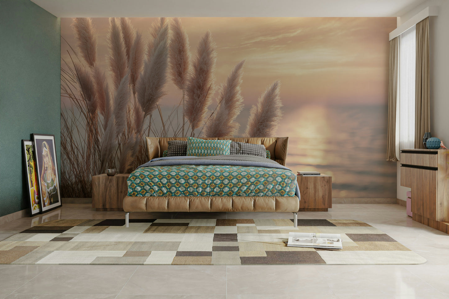 Soft gray and beige tones in coastal mural design

