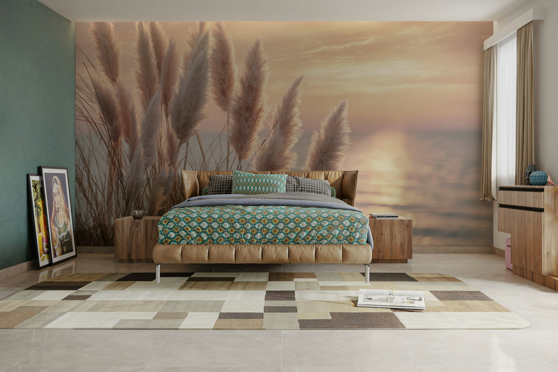 Soft gray and beige tones in coastal mural design

