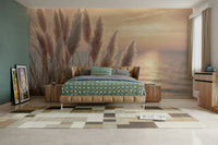 Soft gray and beige tones in coastal mural design

