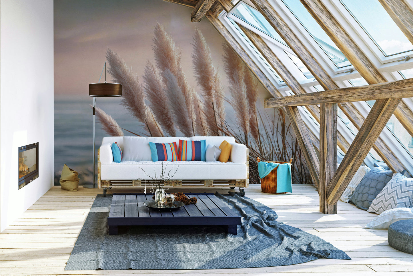 Minimalist mural with sea and sky palette

