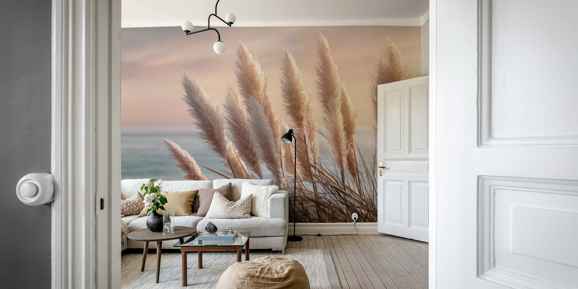 Living room styled with Coastal Dreams mural

