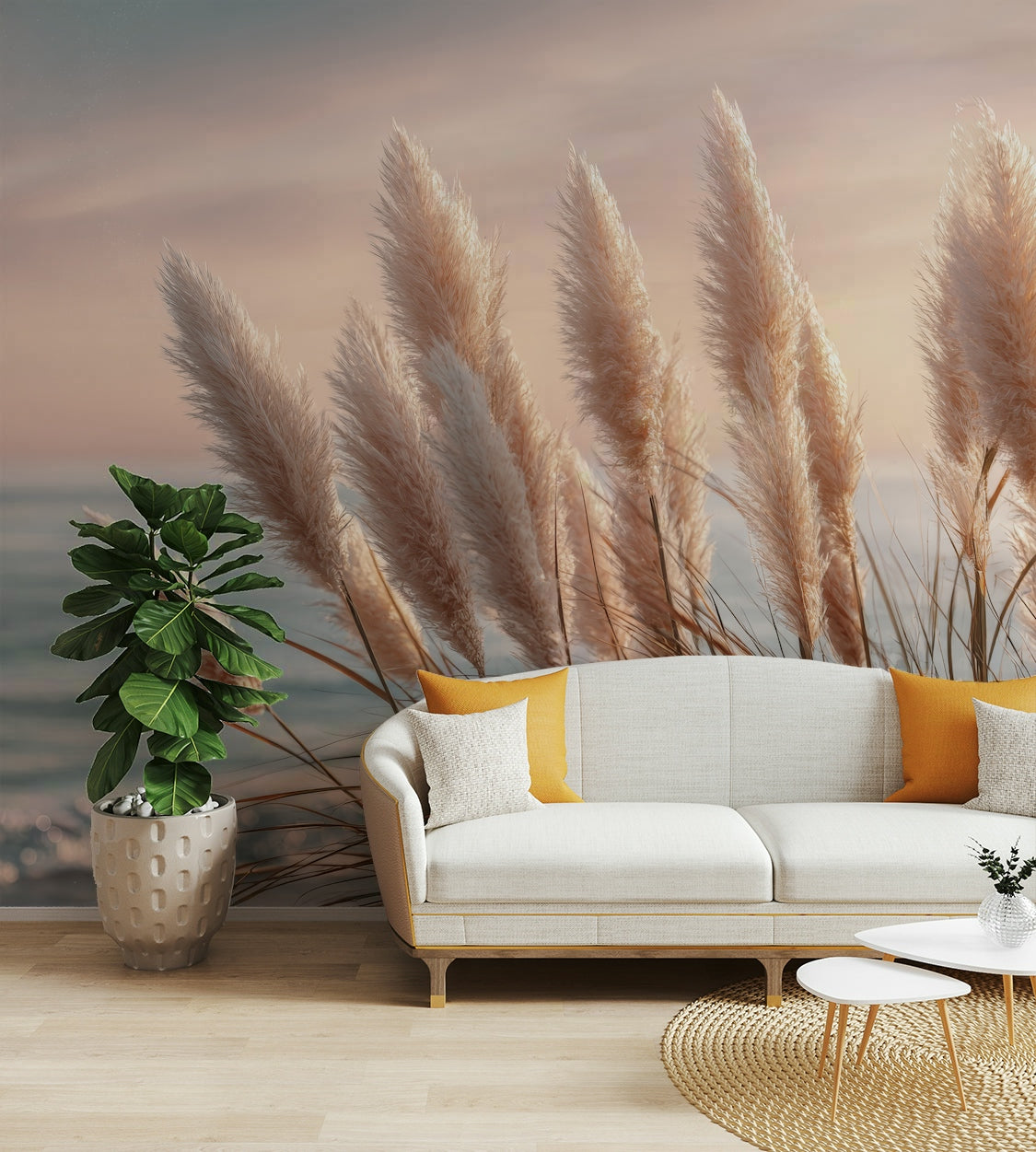 Peaceful water view mural for coastal interiors

