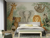 Watercolor Jungle Friends Wall Mural with cute animals

