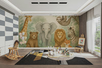 Baby animal mural in leafy tropical setting

