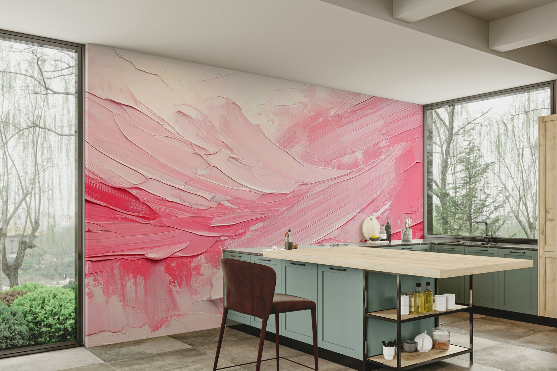 Living room with large-scale pink wall mural

