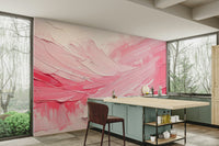 Living room with large-scale pink wall mural

