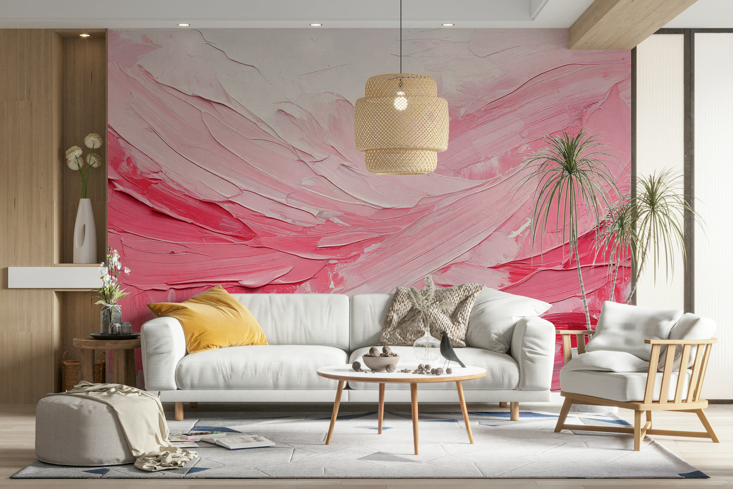 Expressive pink mural styled in modern bedroom


