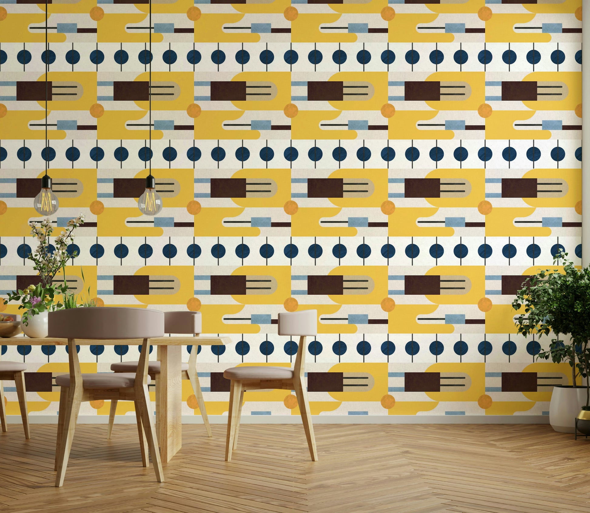 Warm-toned vintage wallpaper in living room interior

