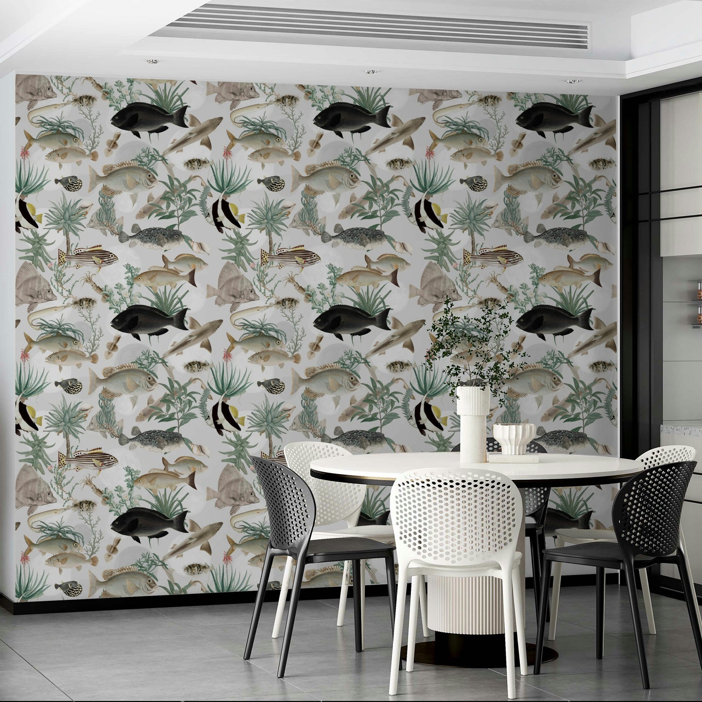 Minimalist bedroom with Oceania Wallpaper wall

