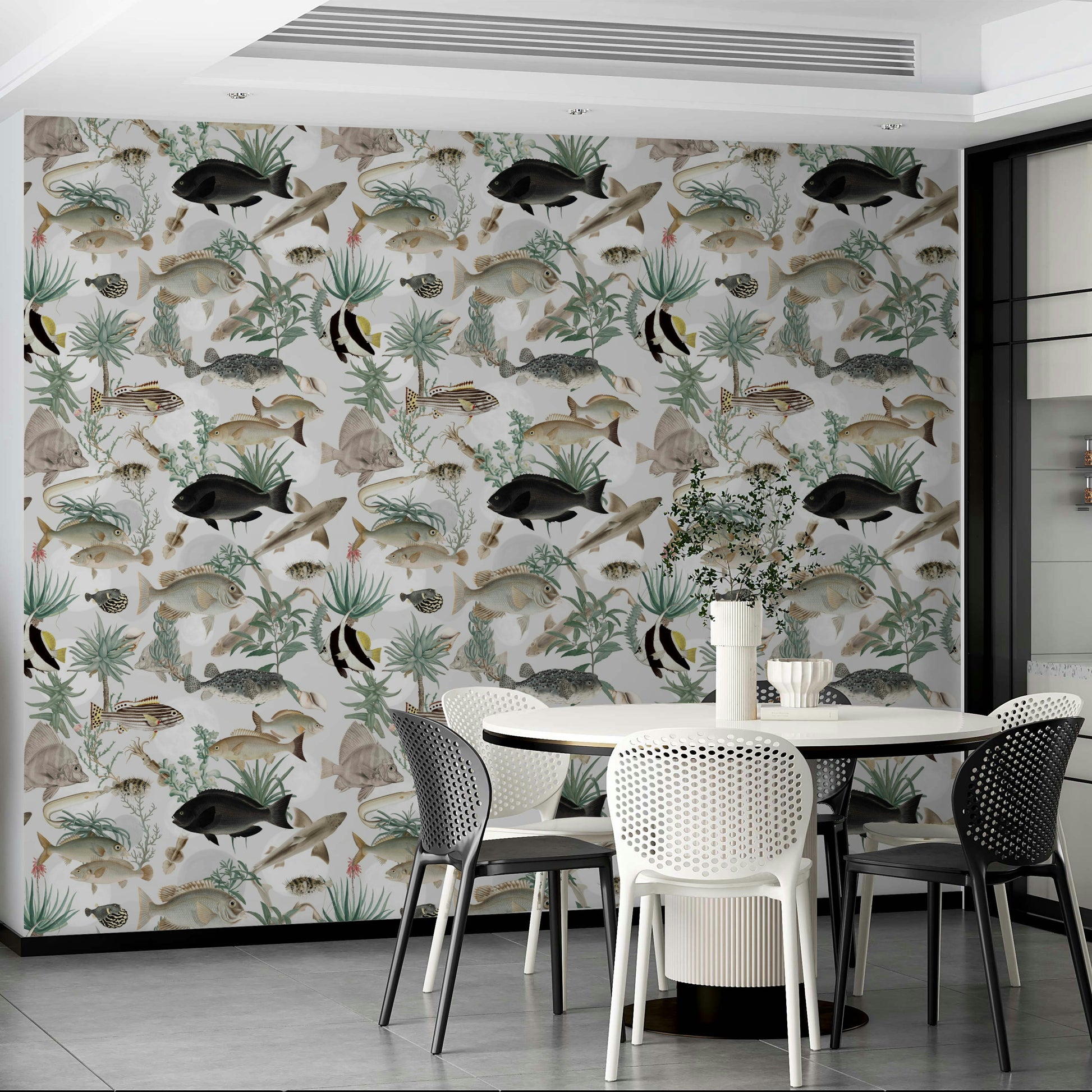 Minimalist bedroom with Oceania Wallpaper wall

