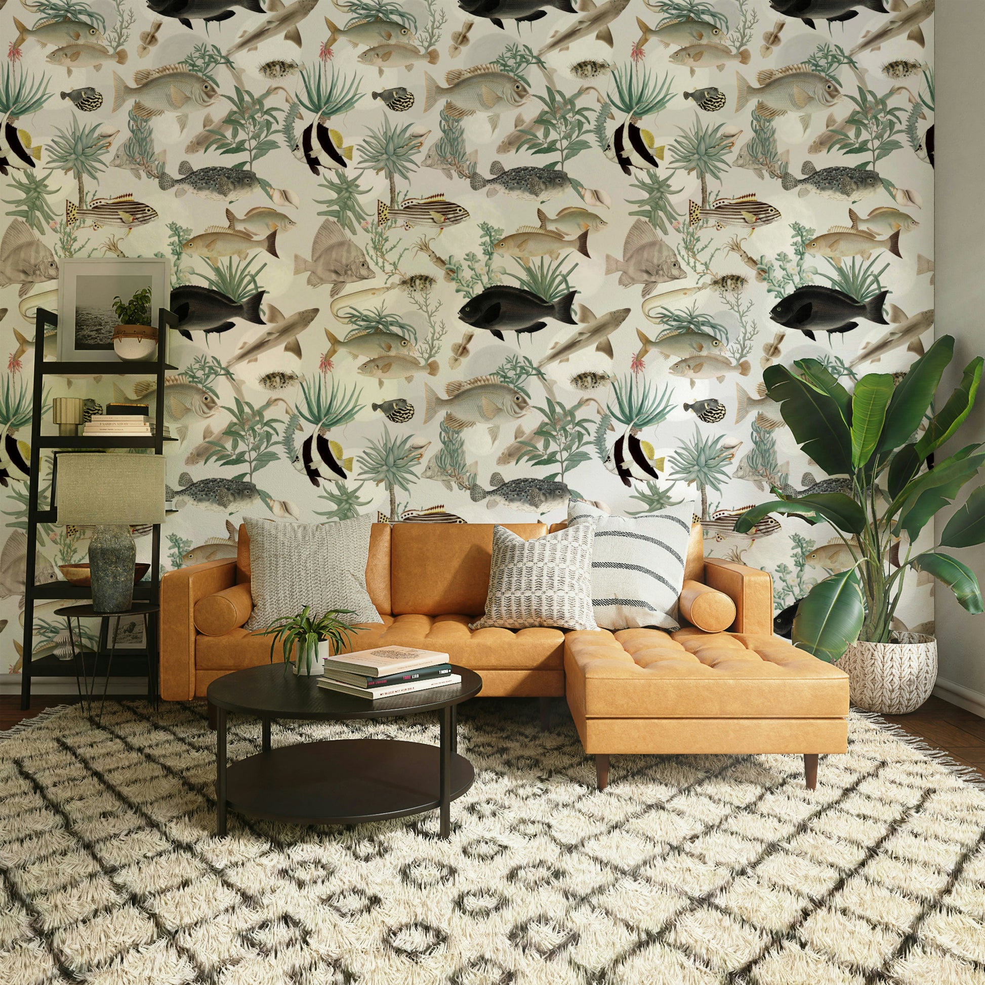 Living room featuring Oceania Wallpaper backdrop

