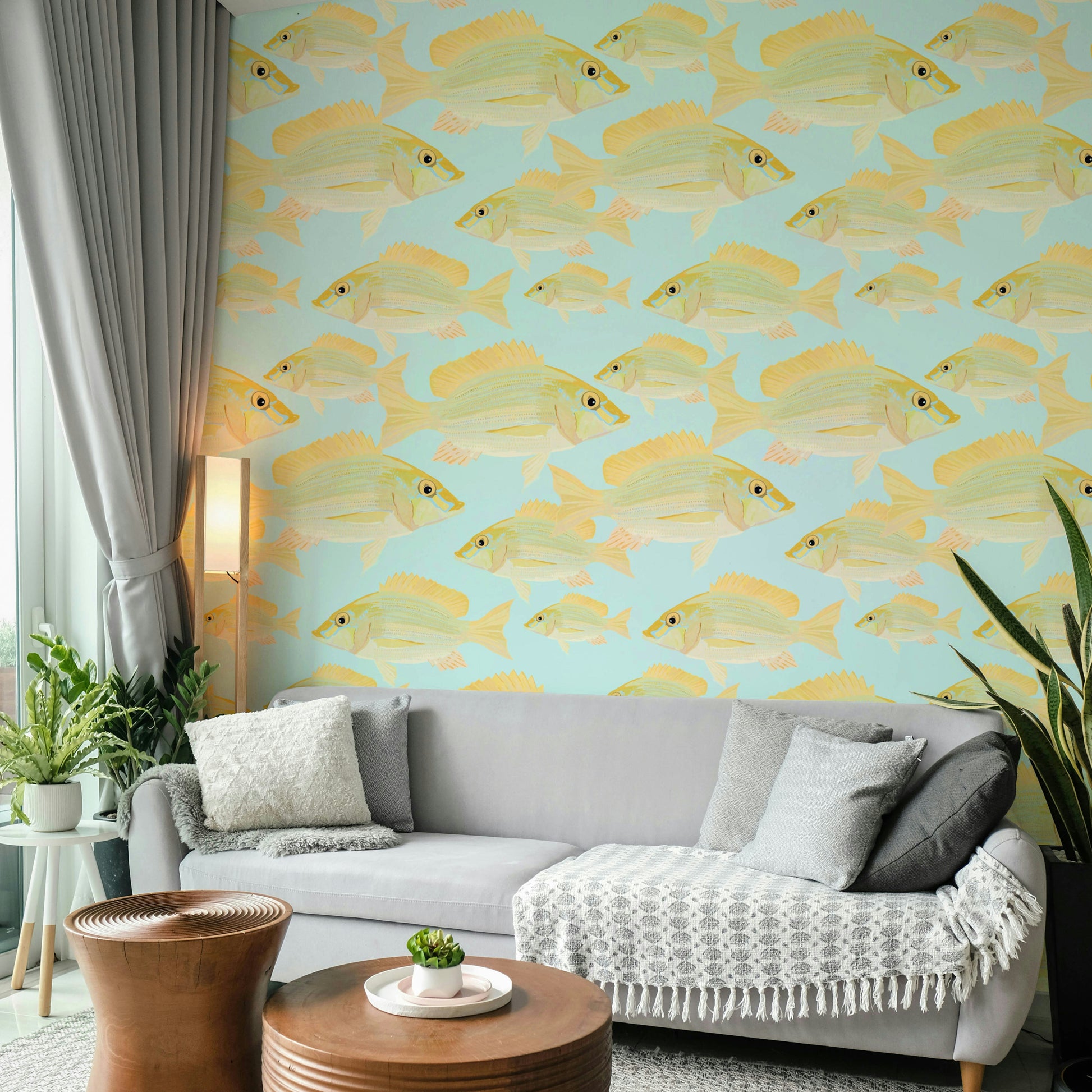 Underwater motif wallpaper for nautical-themed room

