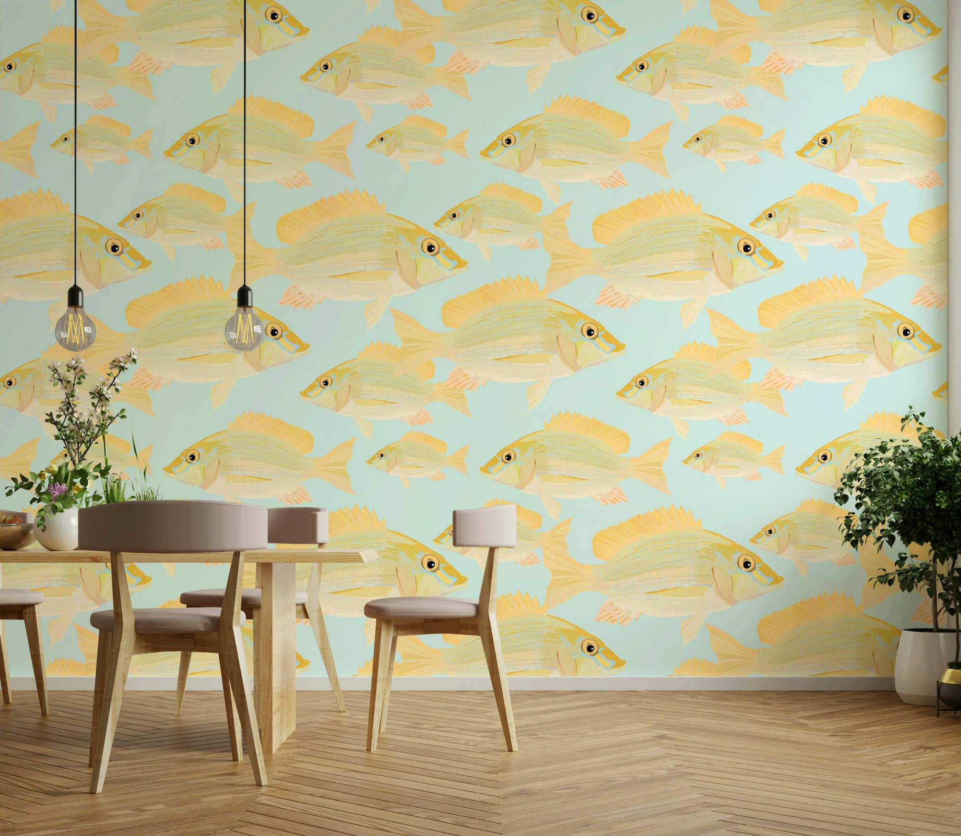 Detailed fish illustration on decorative wallpaper

