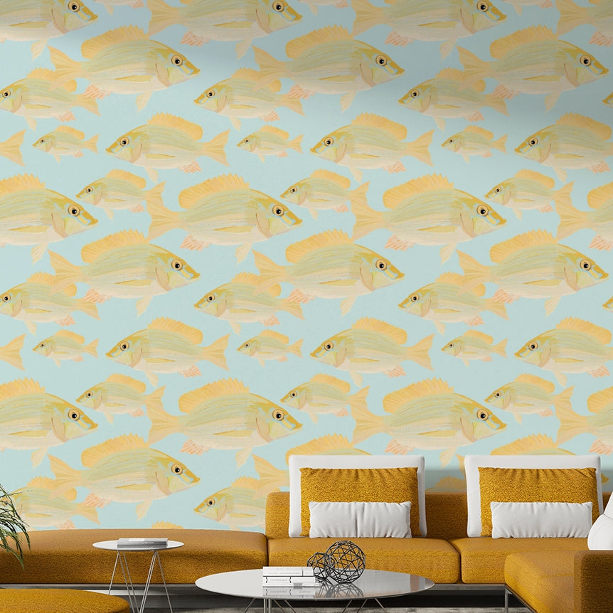 Elegant marine wallpaper with hand-drawn fish


