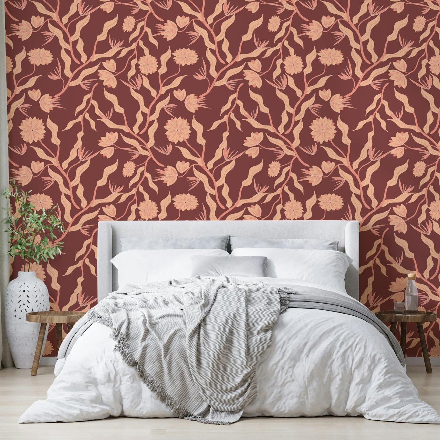 Muted terracotta wallpaper with delicate florals

