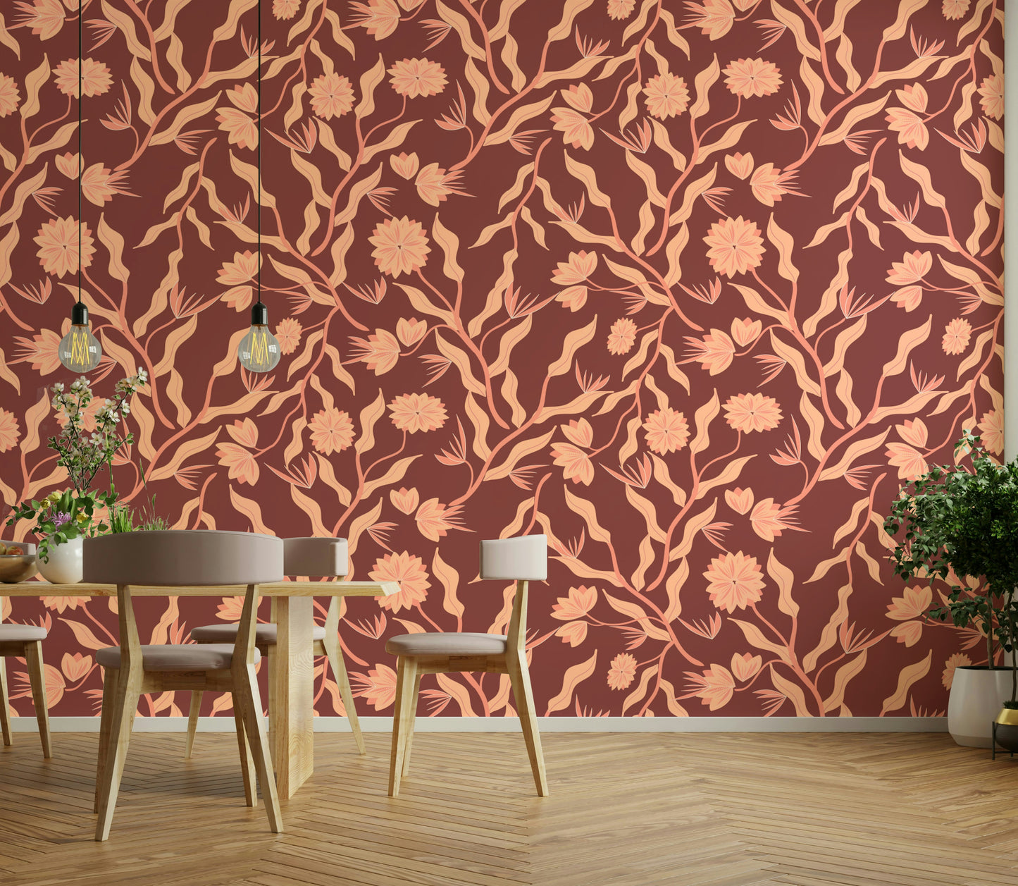 Terra cotta floral wallpaper with natural elegance

