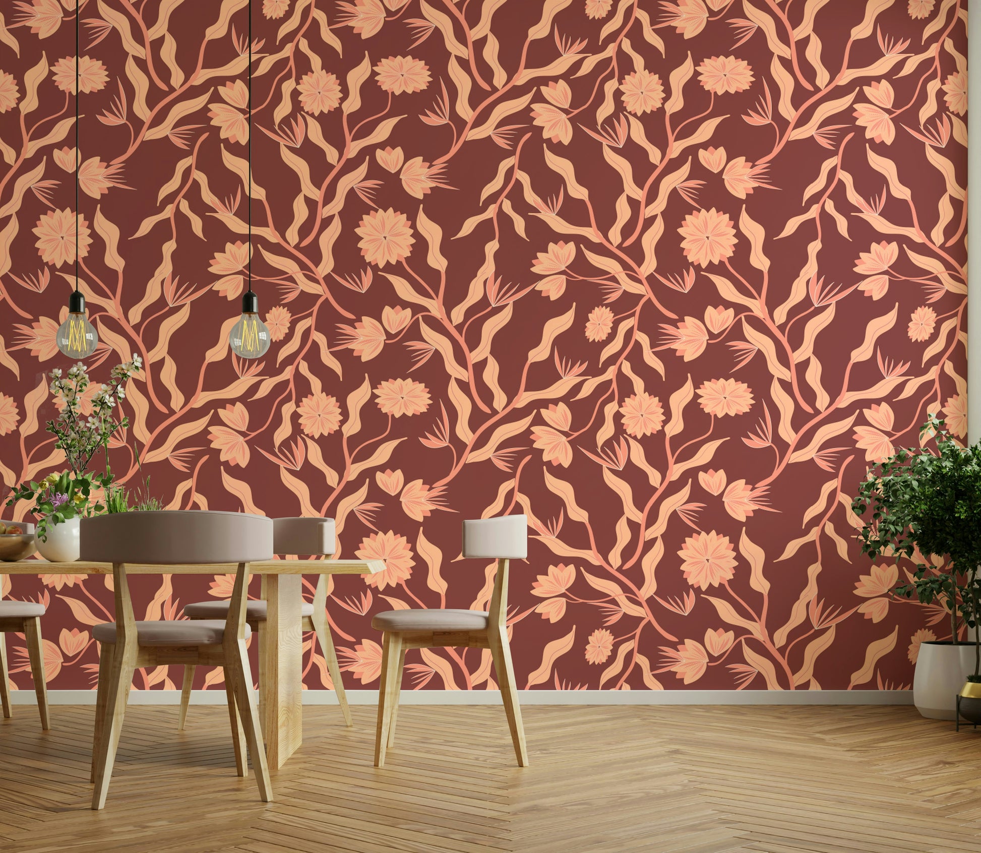 Terra cotta floral wallpaper with natural elegance

