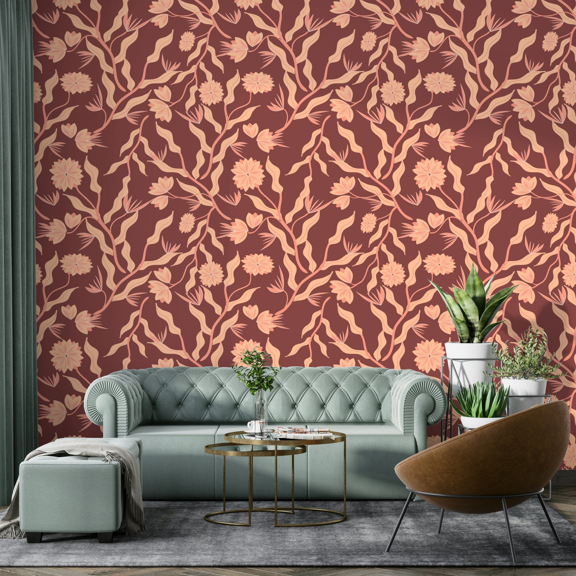 Botanical wallpaper in earthy terracotta shades

