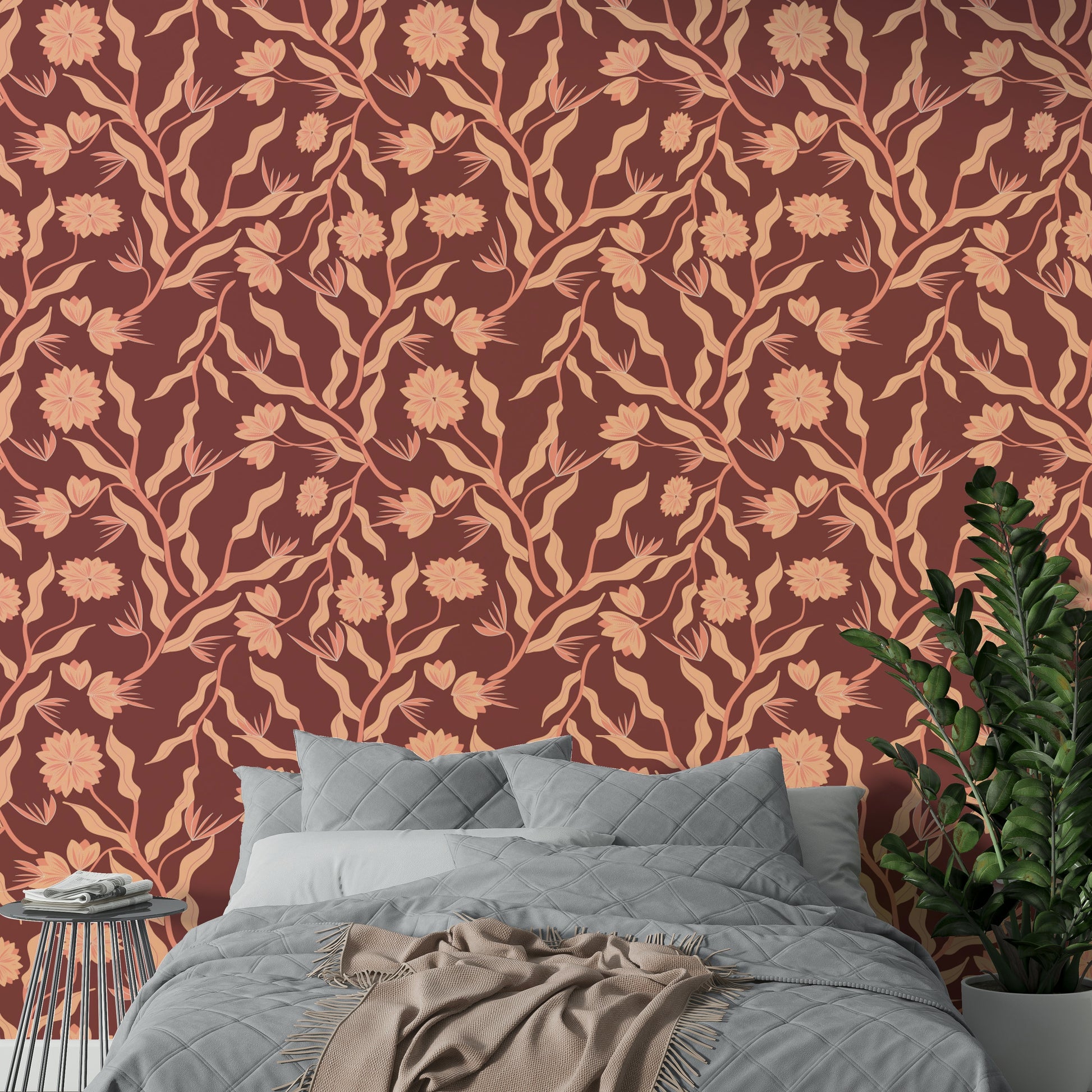 Vintage-style floral wallpaper in terra hues

