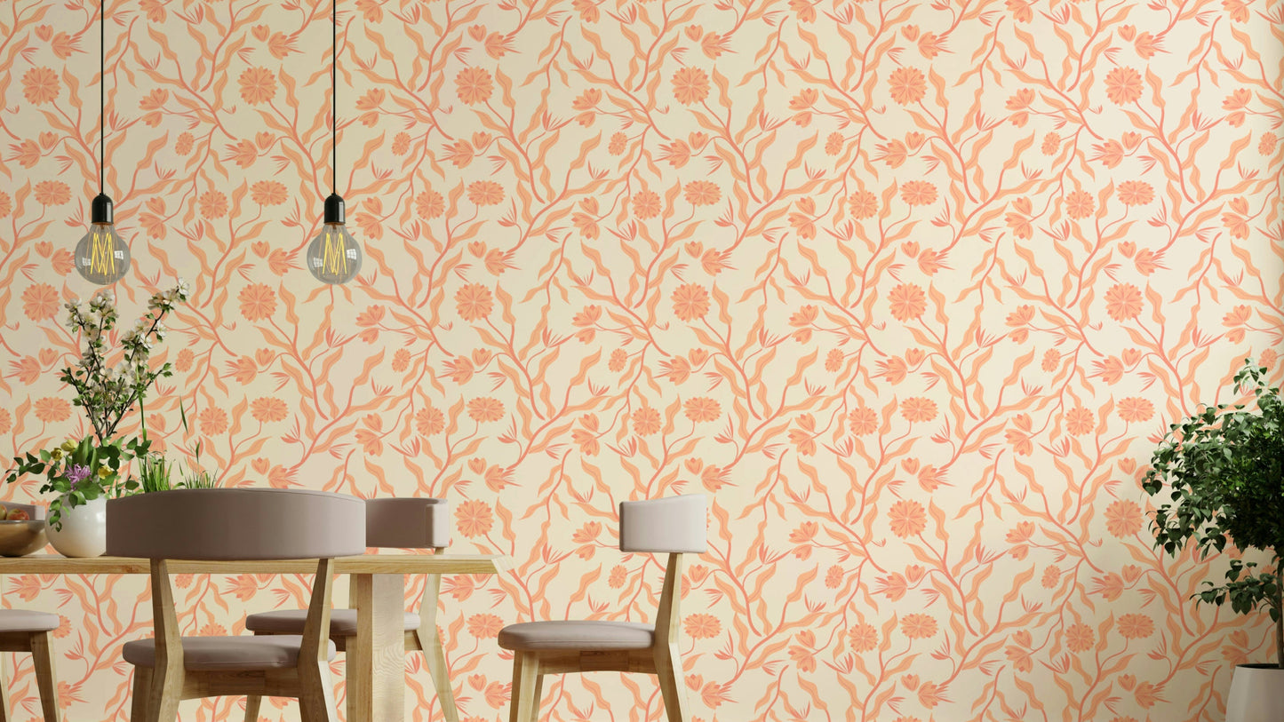 Peach Garden Reverie Wallpaper with artistic florals

