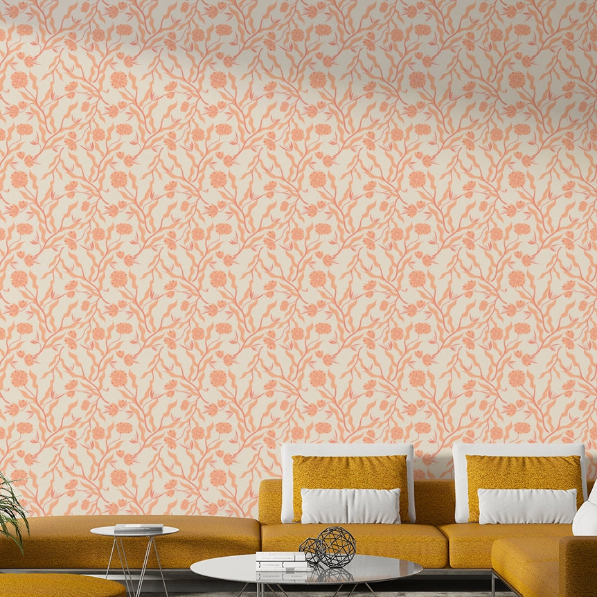 Watercolor-style peach floral wallpaper for interiors

