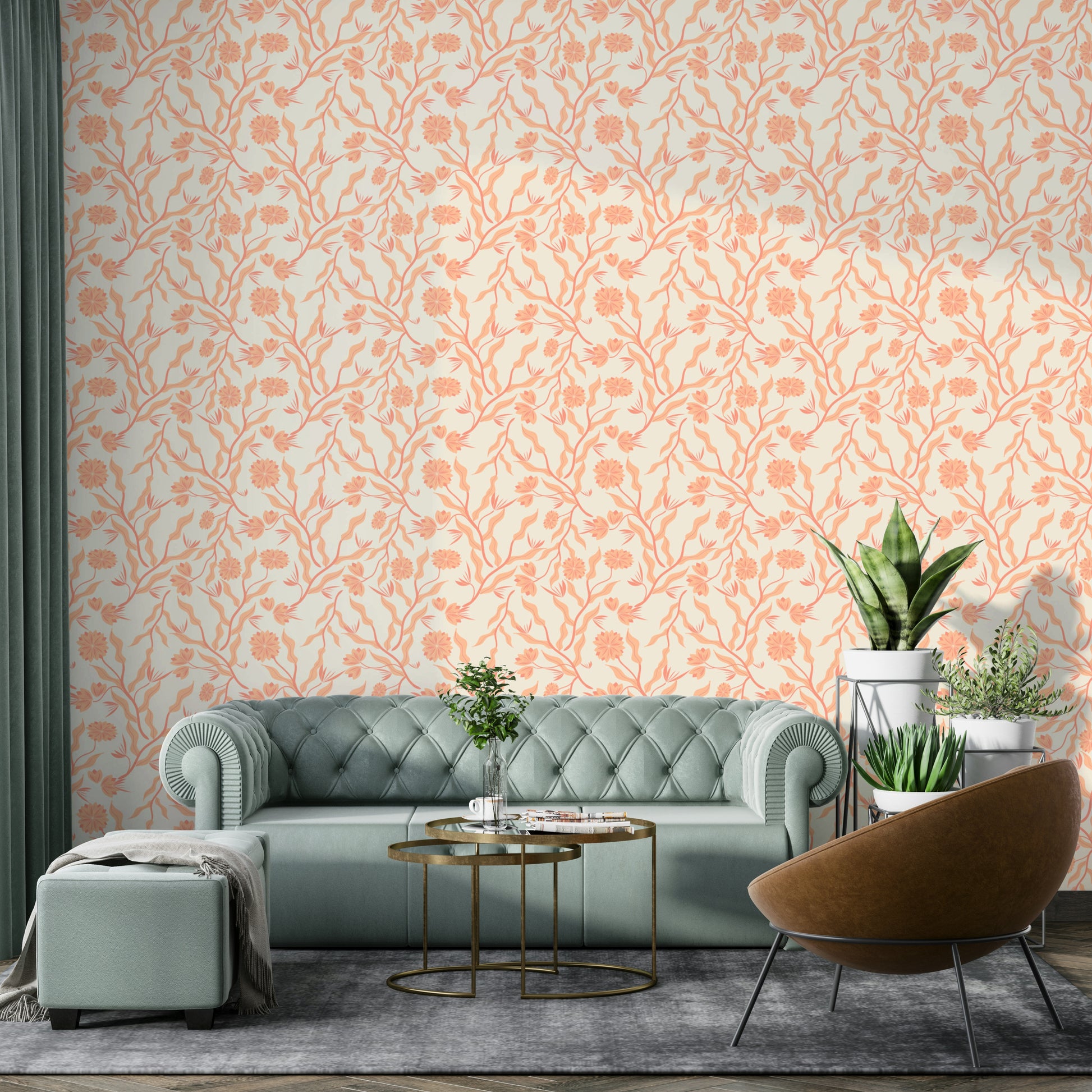 Artistic floral wallpaper in warm peach hues

