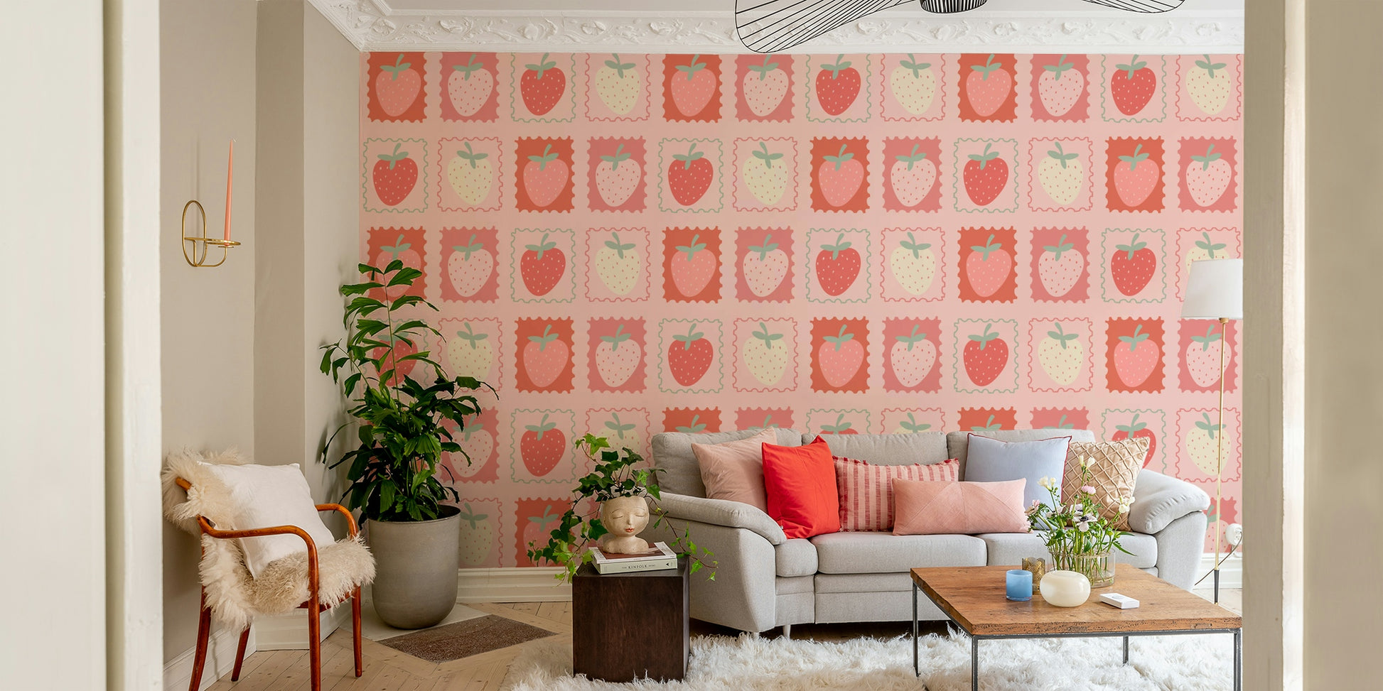 Strawberry wall design with postal stamp graphics

