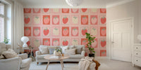 Whimsical strawberry stamp wallpaper in soft tones

