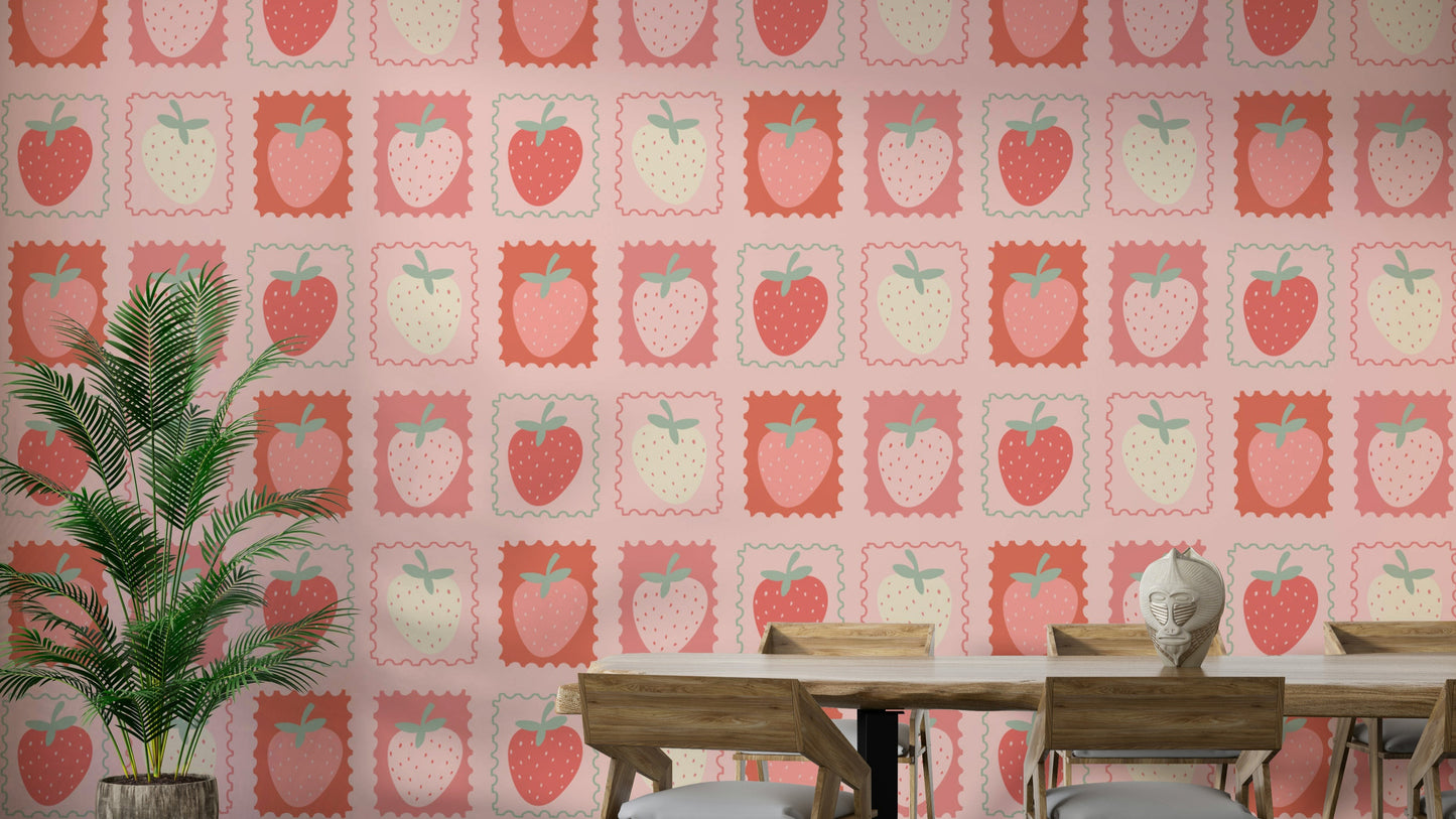 Wallpaper featuring illustrated strawberry postage stamps

