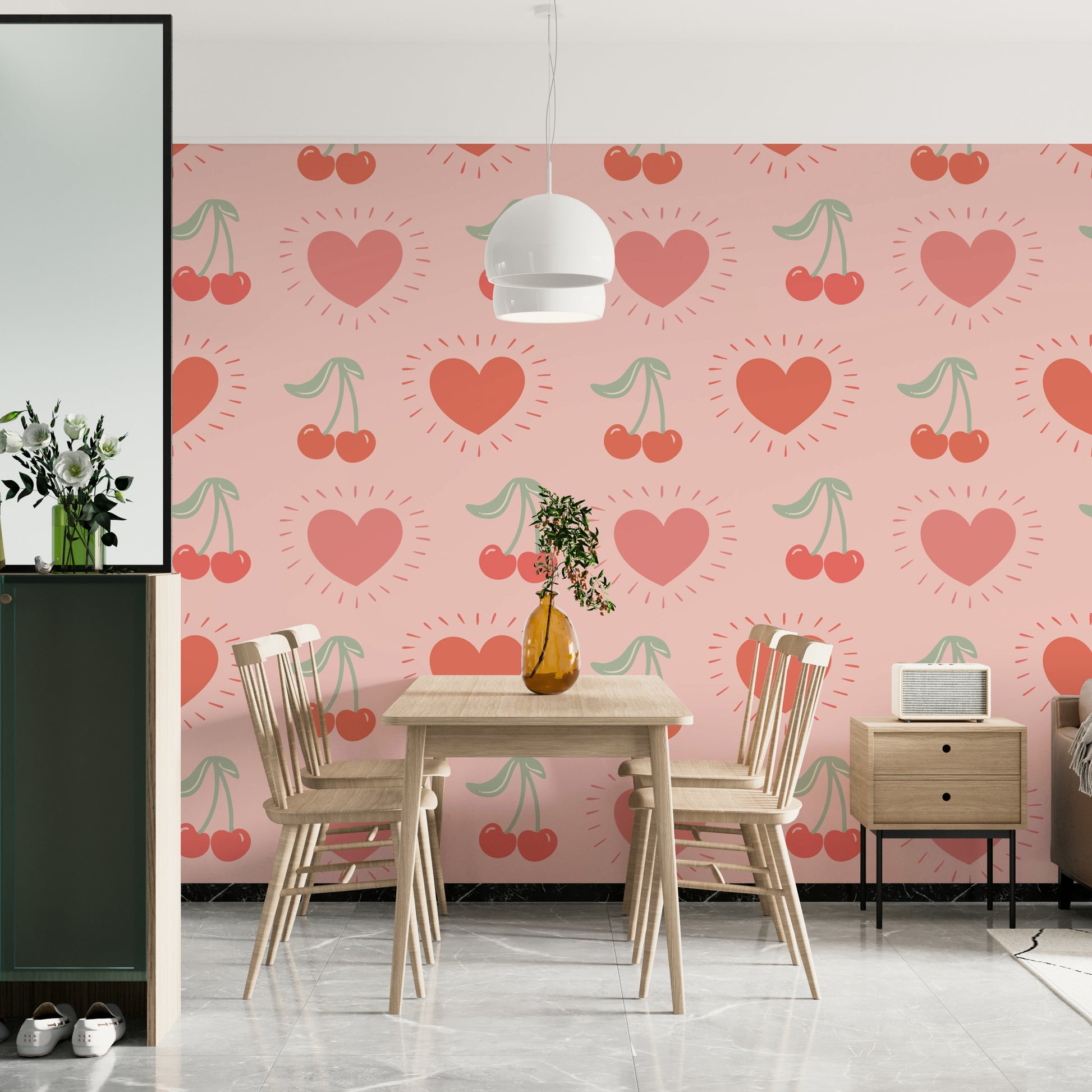 Whimsical fruit-themed wallpaper with love-inspired style

