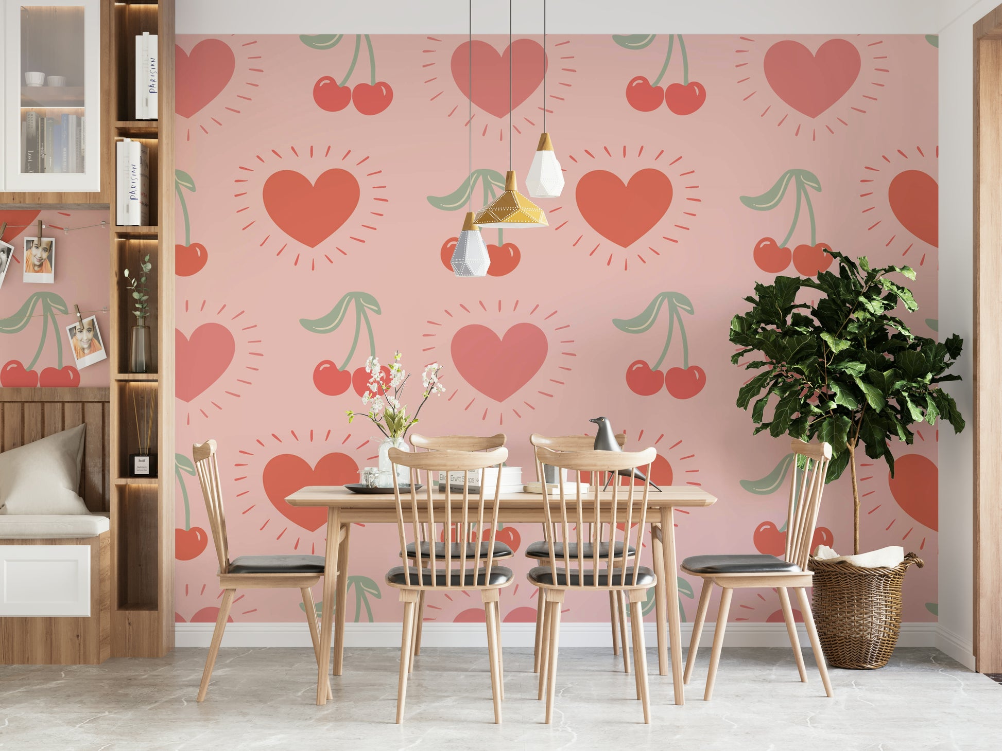 Playful cherry wallpaper with red and pink hearts

